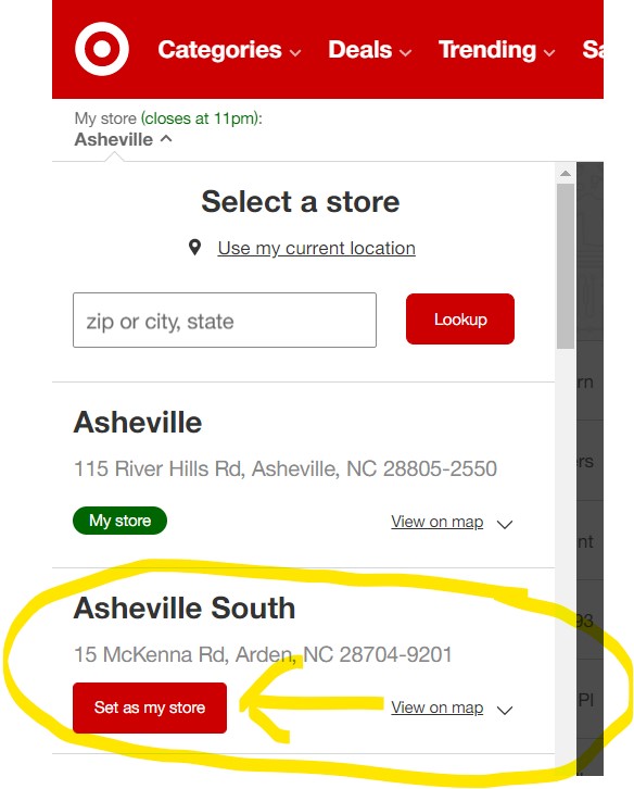 This image is a screen shot of the Target Circle page demonstrating how to set your store to South Asheville so you can vote for Working Wheels.