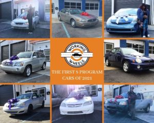 Photos of 8 used cars, each with a large bow on the hood, around a center image with the Working Wheels logo.